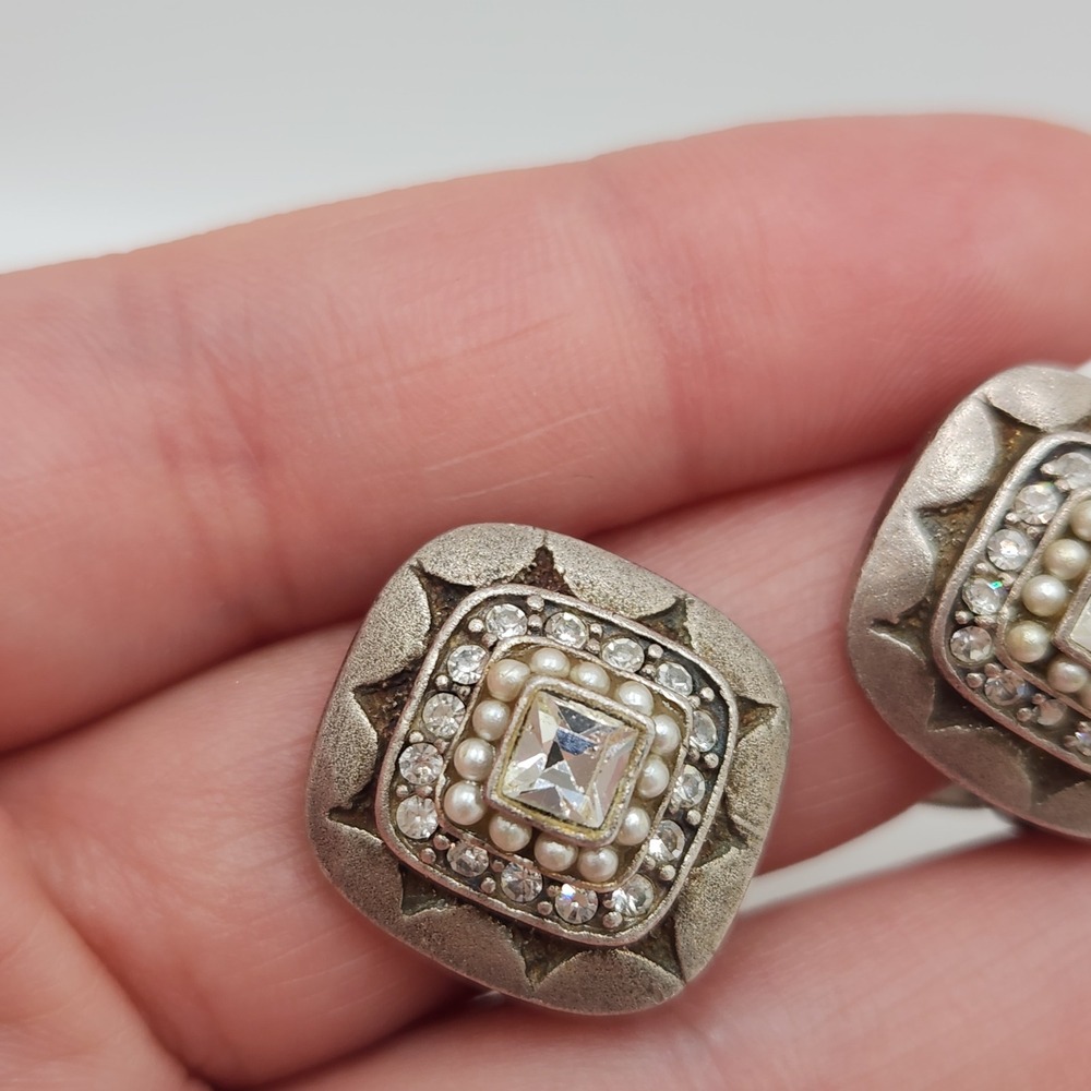 Vintage Art Deco Revival 925 Sterling Silver Clip On Earrings Pave Pearl Square